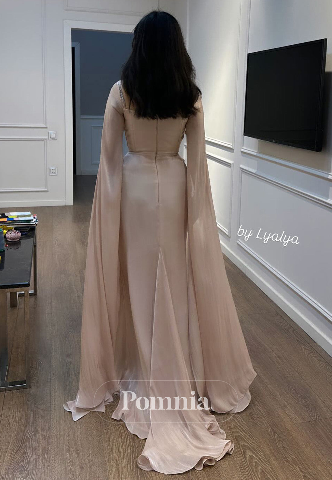 Rose Petal Cape Scoop Sequins Ruched A-Line Evening Dress