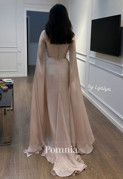 Rose Petal Cape Scoop Sequins Ruched A-Line Evening Dress