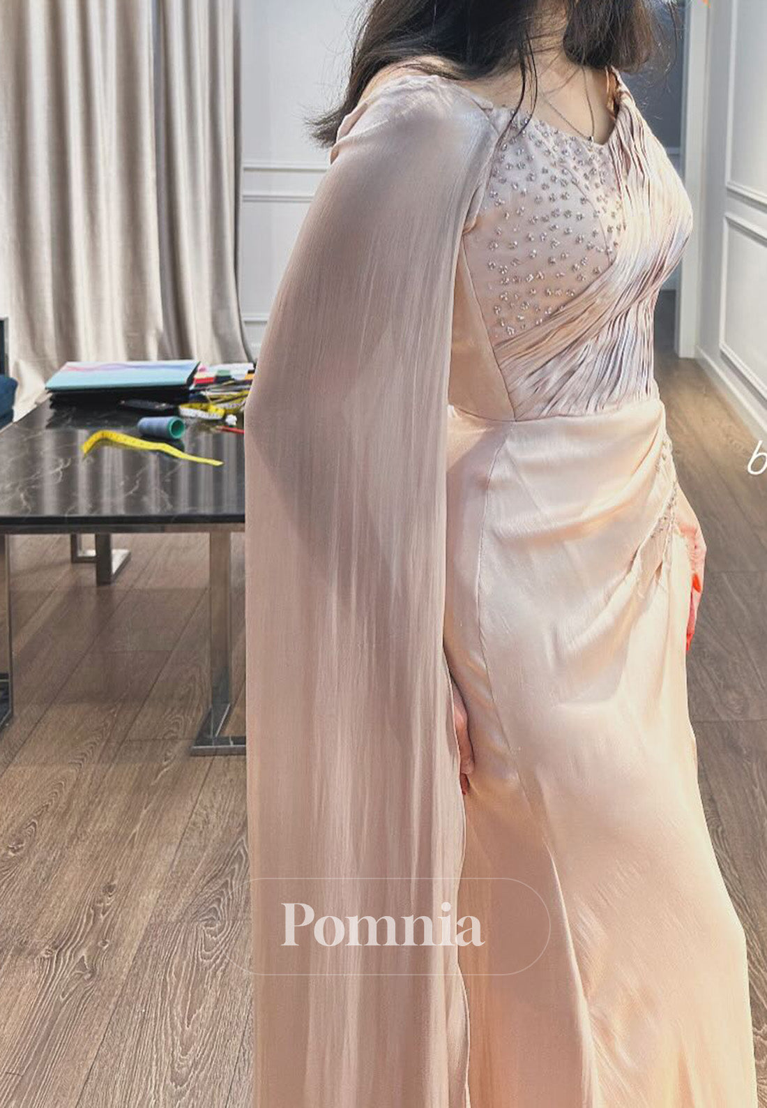 Rose Petal Cape Scoop Sequins Ruched A-Line Evening Dress