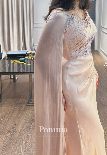 Rose Petal Cape Scoop Sequins Ruched A-Line Evening Dress