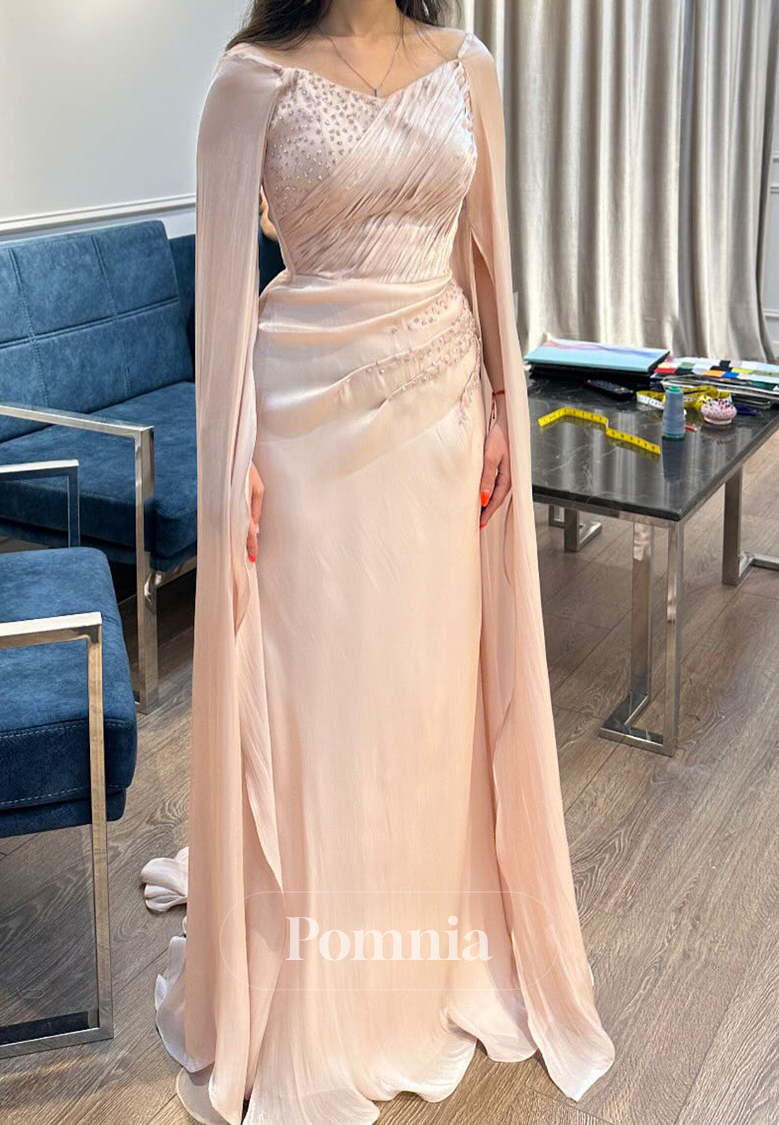 Rose Petal Cape Scoop Sequins Ruched A-Line Evening Dress