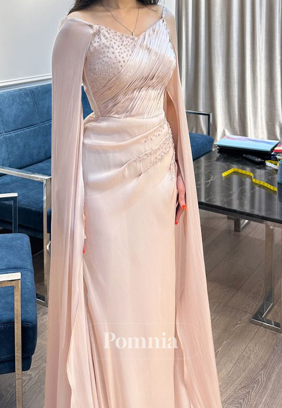 Rose Petal Cape Scoop Sequins Ruched A-Line Evening Dress