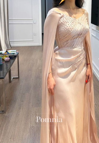 Rose Petal Cape Scoop Sequins Ruched A-Line Evening Dress