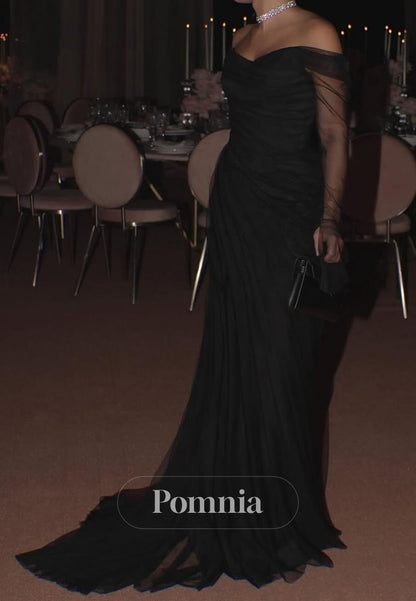 Simple Long Sleeves Off-Shoulder Ruched Lace Evening Dress