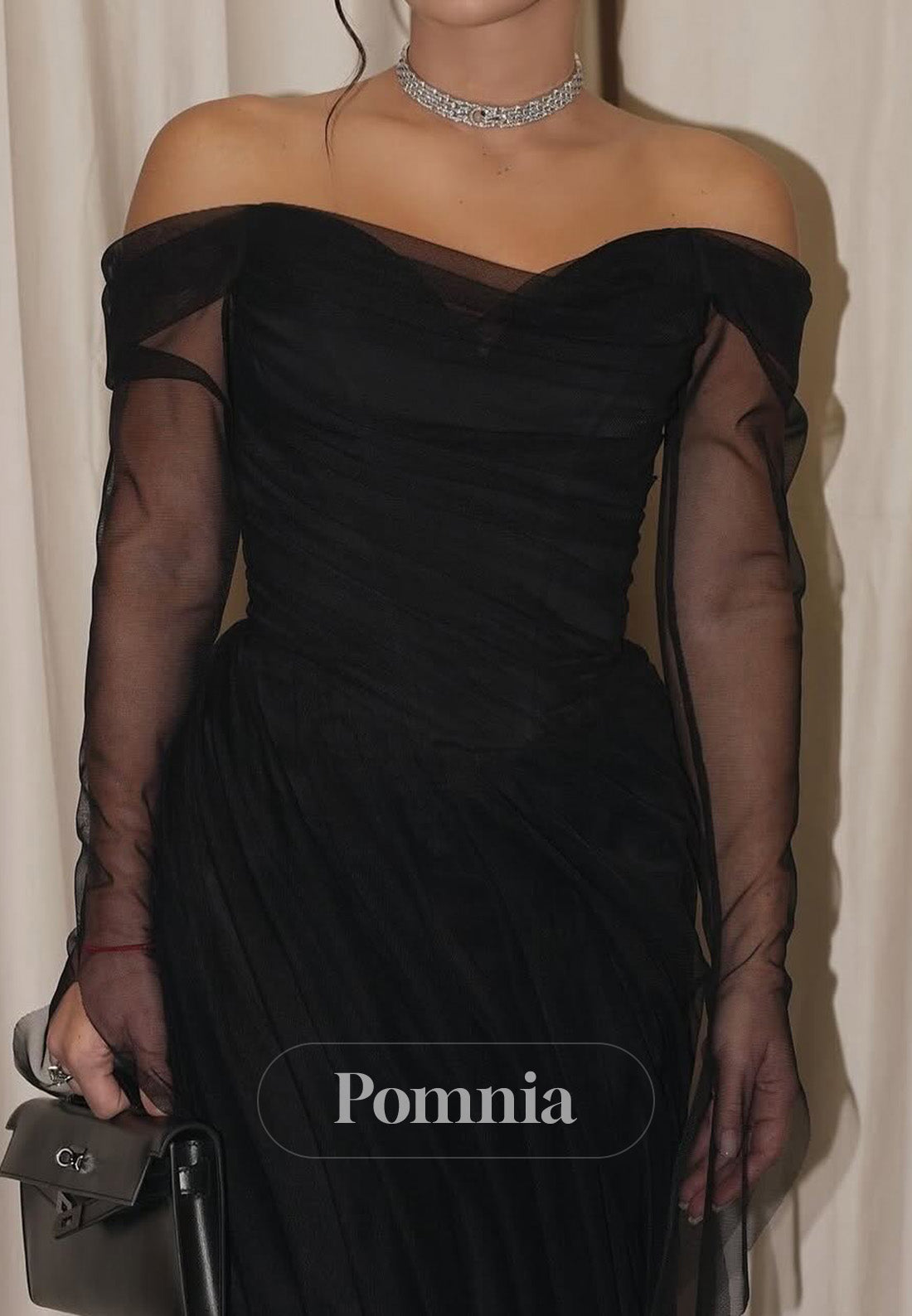 Simple Long Sleeves Off-Shoulder Ruched Lace Evening Dress