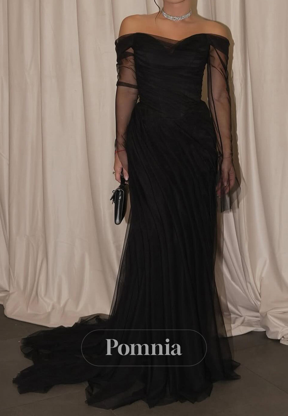 Simple Long Sleeves Off-Shoulder Ruched Lace Evening Dress