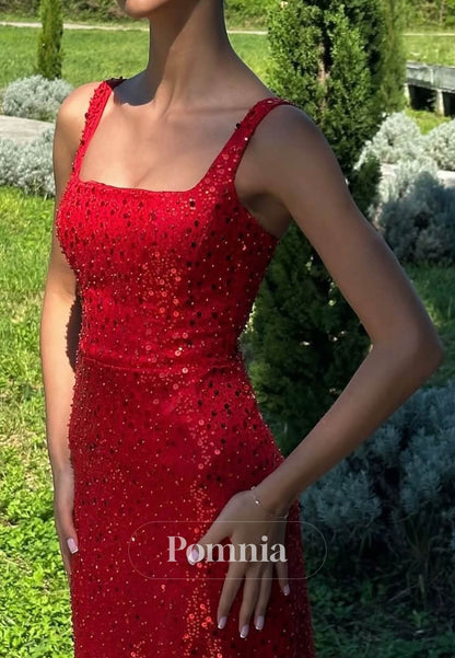 Red Spaghetti Straps Square Sequins A-Line Prom Dress