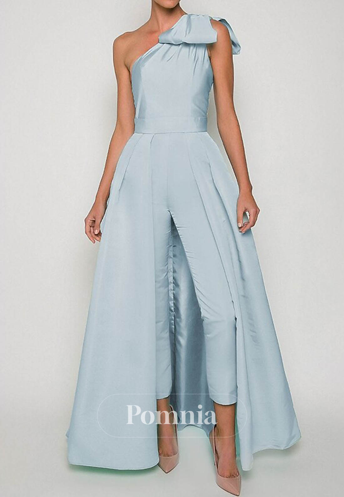 Simple One Shoulder Sleeveless Jumpsuit Satin Evening Dress