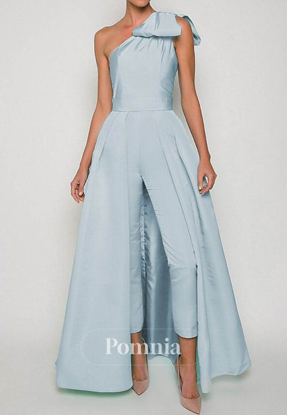 Simple One Shoulder Sleeveless Jumpsuit Satin Evening Dress