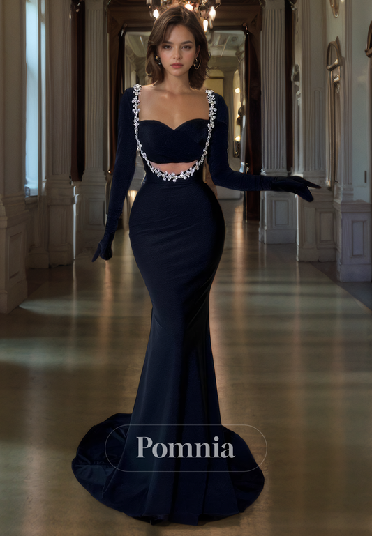 P1621 - Striking Long Sleeves Beads Sweetheart Velvet Prom Evening Formal Dress with Gloves