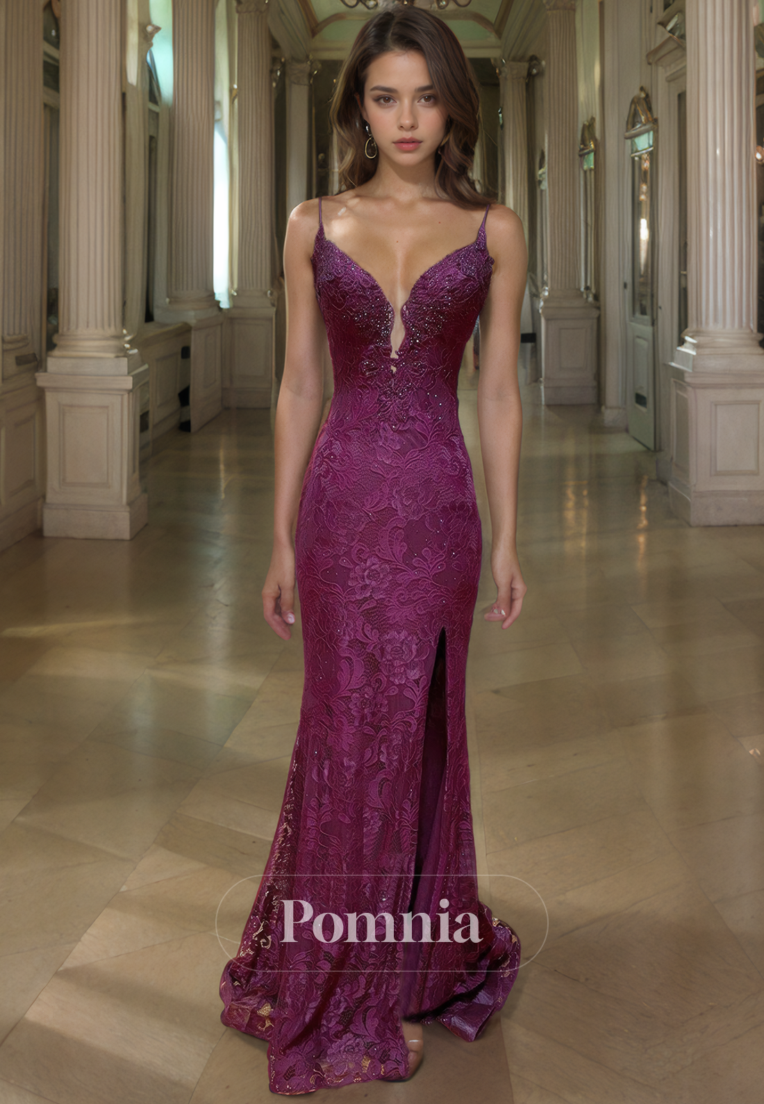 P1301 - Spaghetti Straps V-Neck Appliques Evening Formal Long Dress with Rhinestones