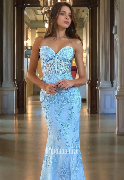 Off-Shoulder Sweetheart Lace Appliques Mermaid/Trumpet Sleeveless Long Prom Dress