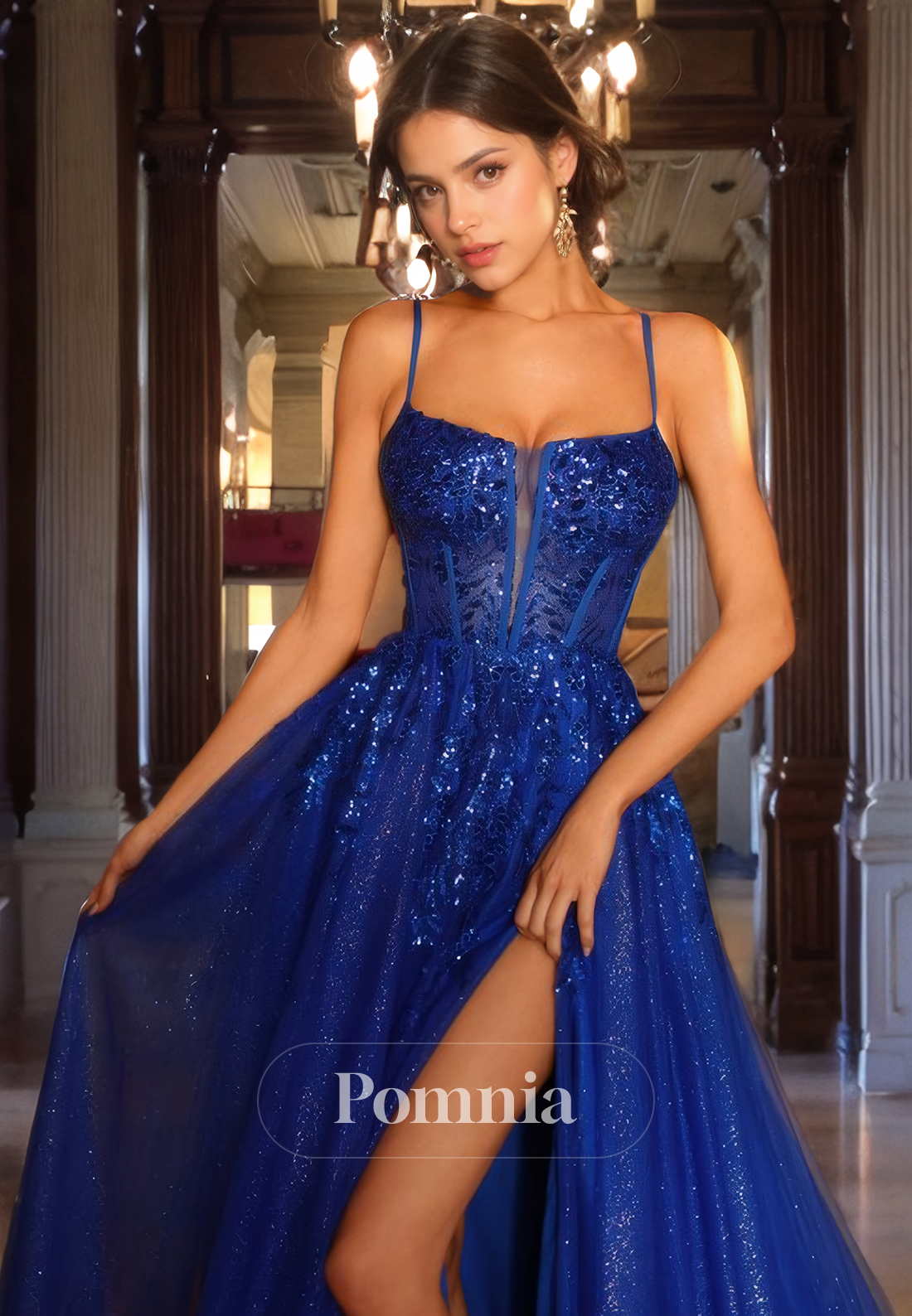 A-Line Spaghetti Straps V-Neck Sleeveless Empire-Waist Long Prom Dress with Slit