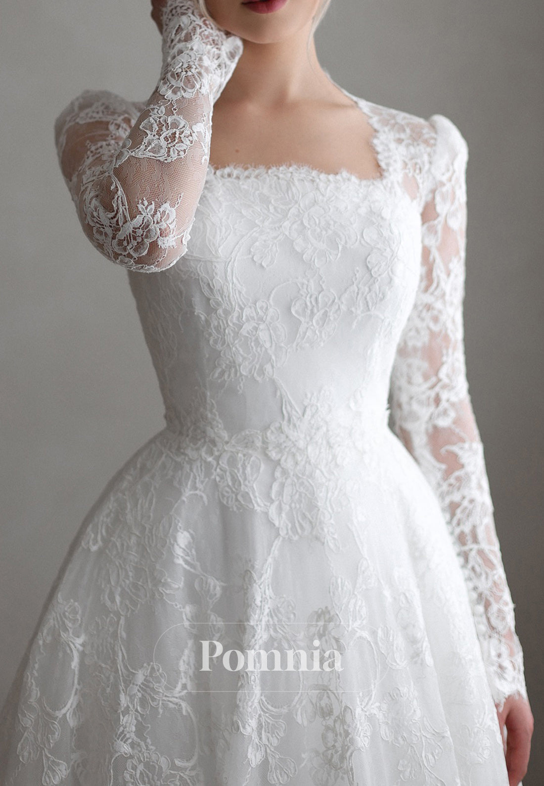 A-Line Long Sleeves Square Corset Lace Wedding Dress