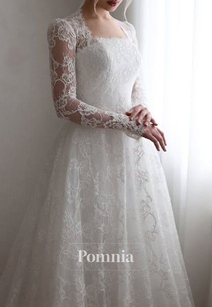 A-Line Long Sleeves Square Corset Lace Wedding Dress
