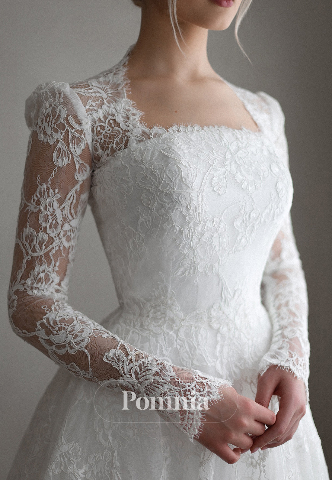 A-Line Long Sleeves Square Corset Lace Wedding Dress