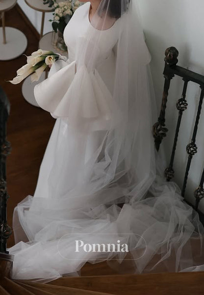 A-Line Long Sleeves Scoop Empire-Waist Satin Wedding Dress