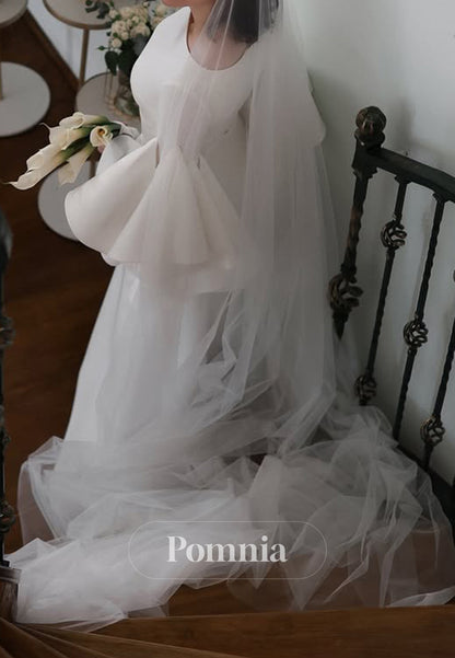 A-Line Long Sleeves Scoop Empire-Waist Satin Wedding Dress