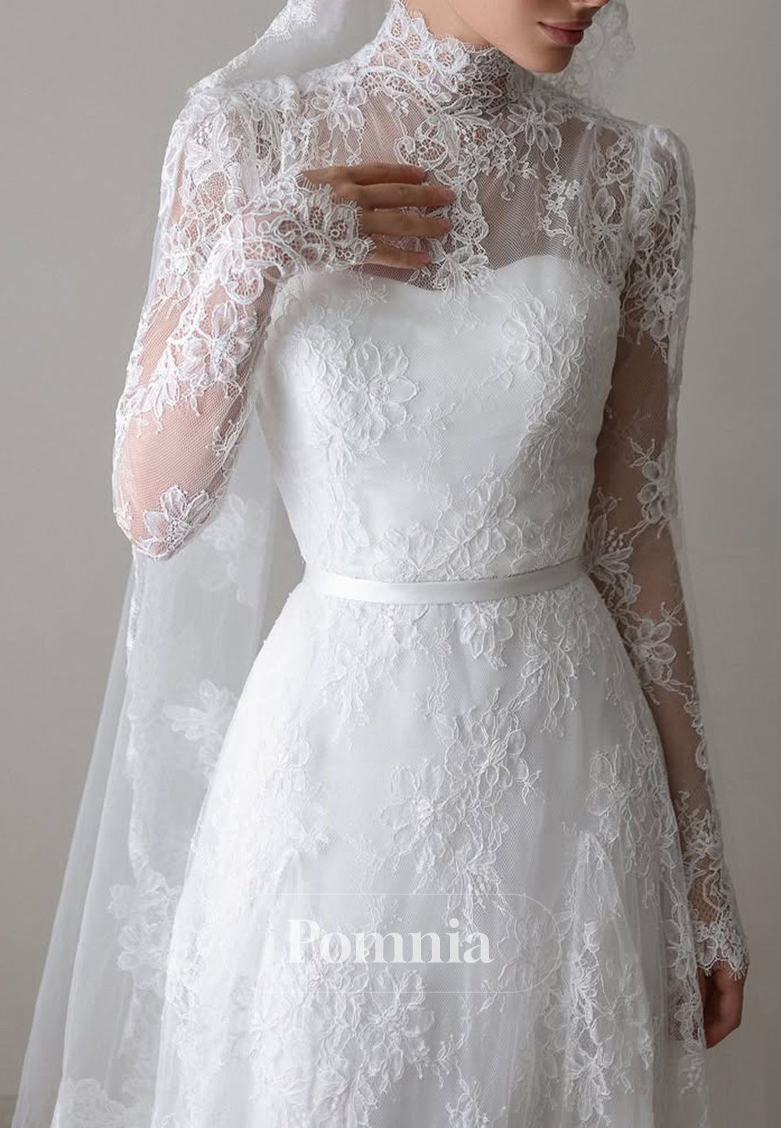 A-Line Long Sleeves High Neck Corset Lace Wedding Dress