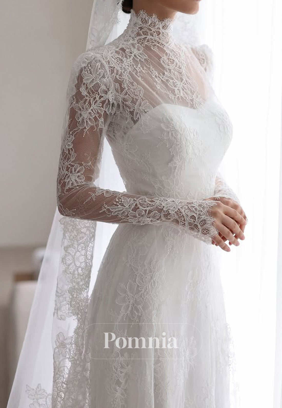 A-Line Long Sleeves High Neck Corset Lace Wedding Dress