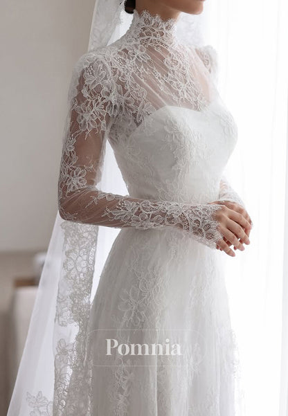 A-Line Long Sleeves High Neck Corset Lace Wedding Dress