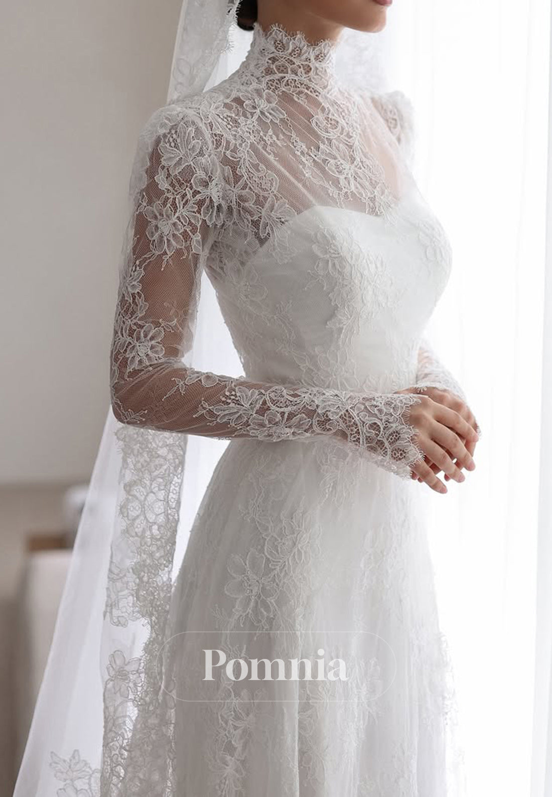 A-Line Long Sleeves High Neck Corset Lace Wedding Dress
