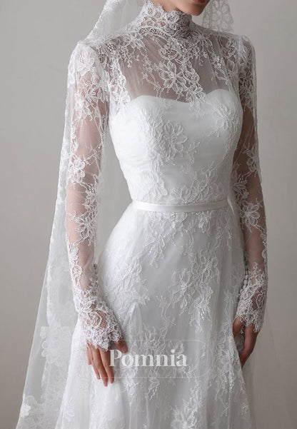 A-Line Long Sleeves High Neck Corset Lace Wedding Dress