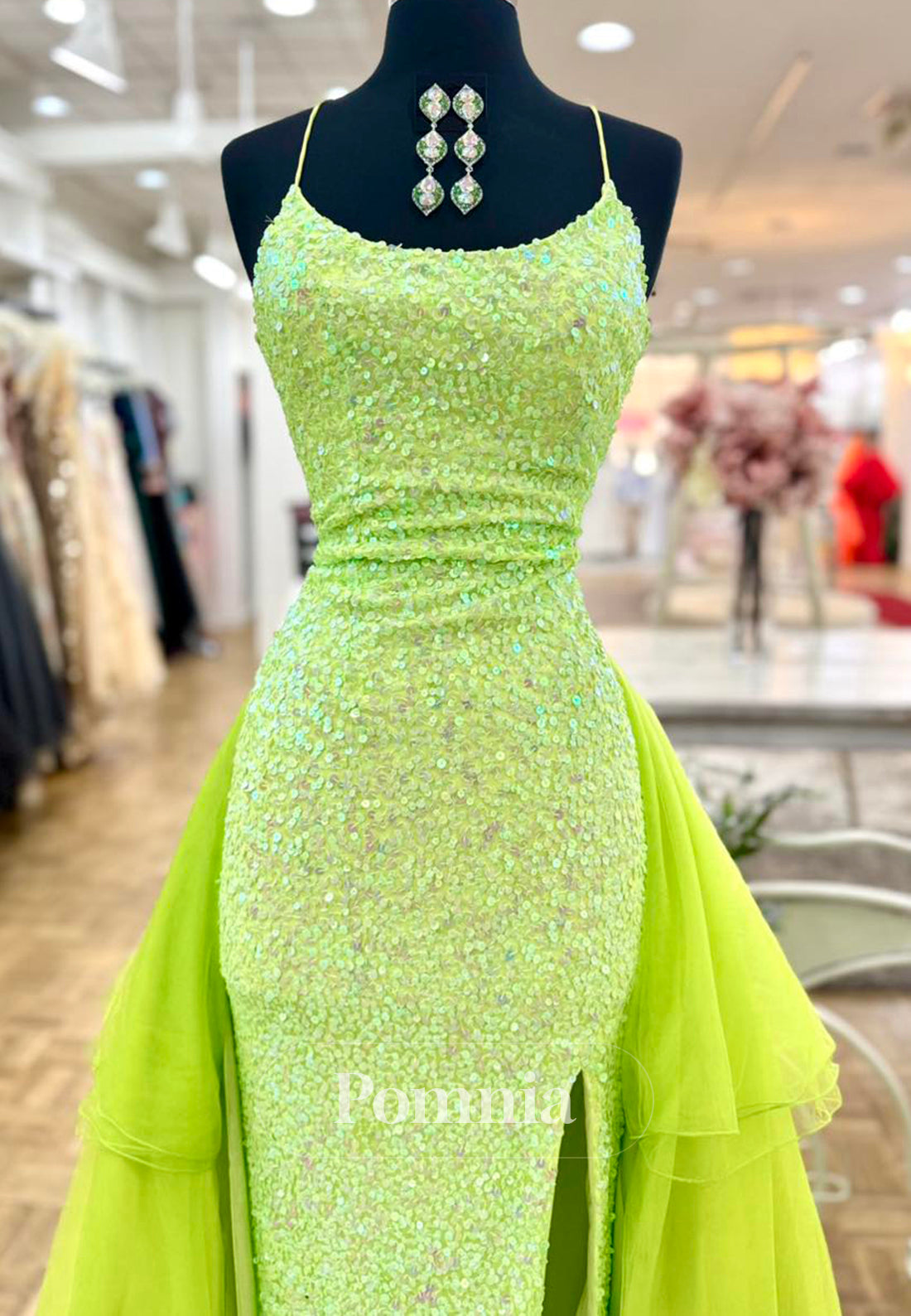 A-Line Spaghetti Straps Scoop Slit Sequins Prom Dress