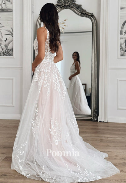 Simple Spaghetti Straps V-Neck Floral Appliques Wedding Dress