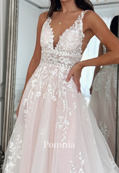 Simple Spaghetti Straps V-Neck Floral Appliques Wedding Dress