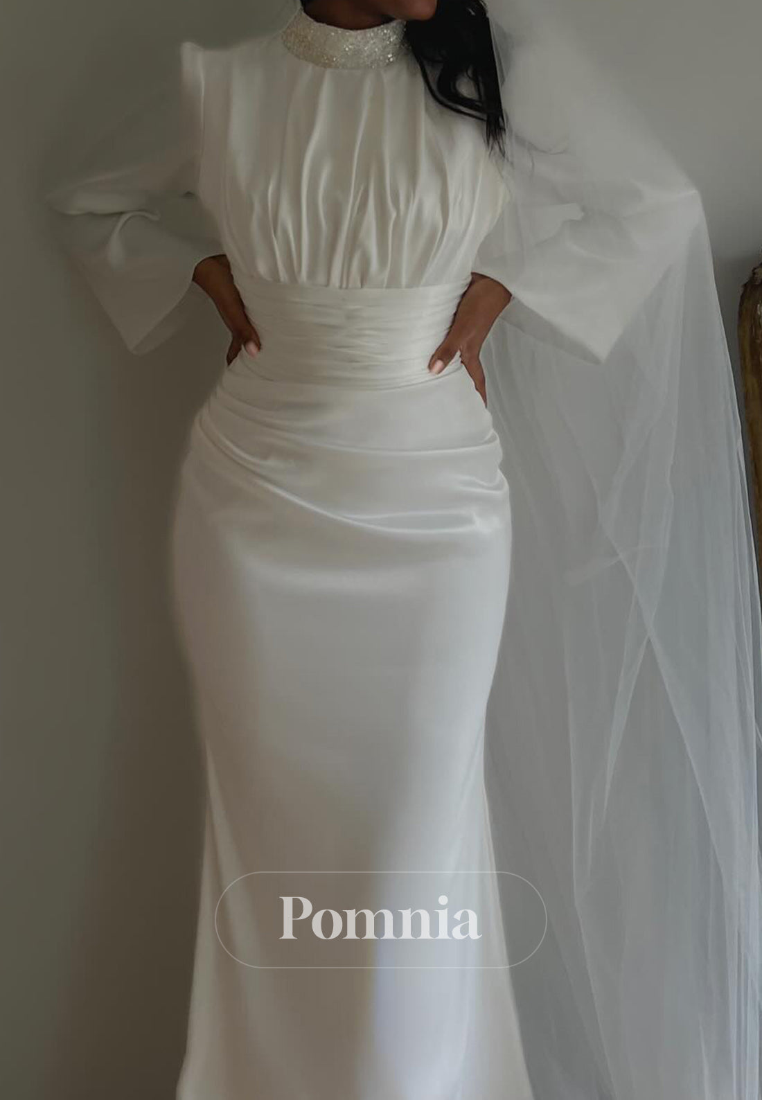 Elegant High Neck Long Sleeves Ruched Mermaid Wedding Dress