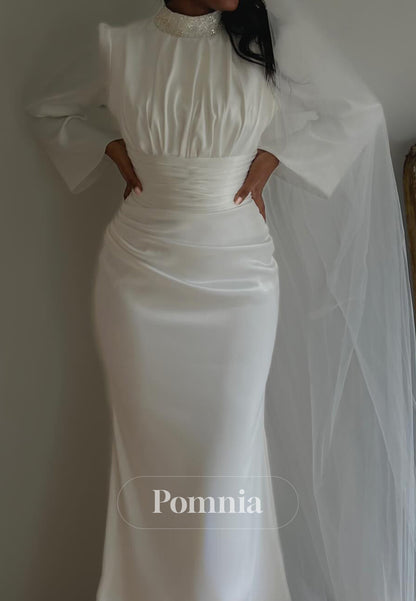 Elegant High Neck Long Sleeves Ruched Mermaid Wedding Dress