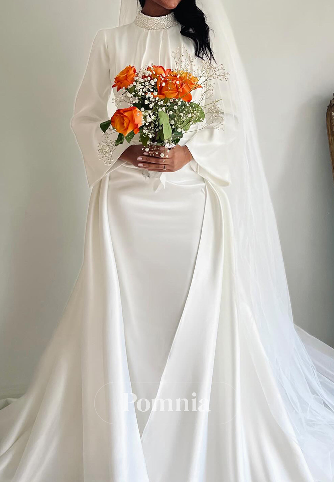 Elegant High Neck Long Sleeves Ruched Mermaid Wedding Dress