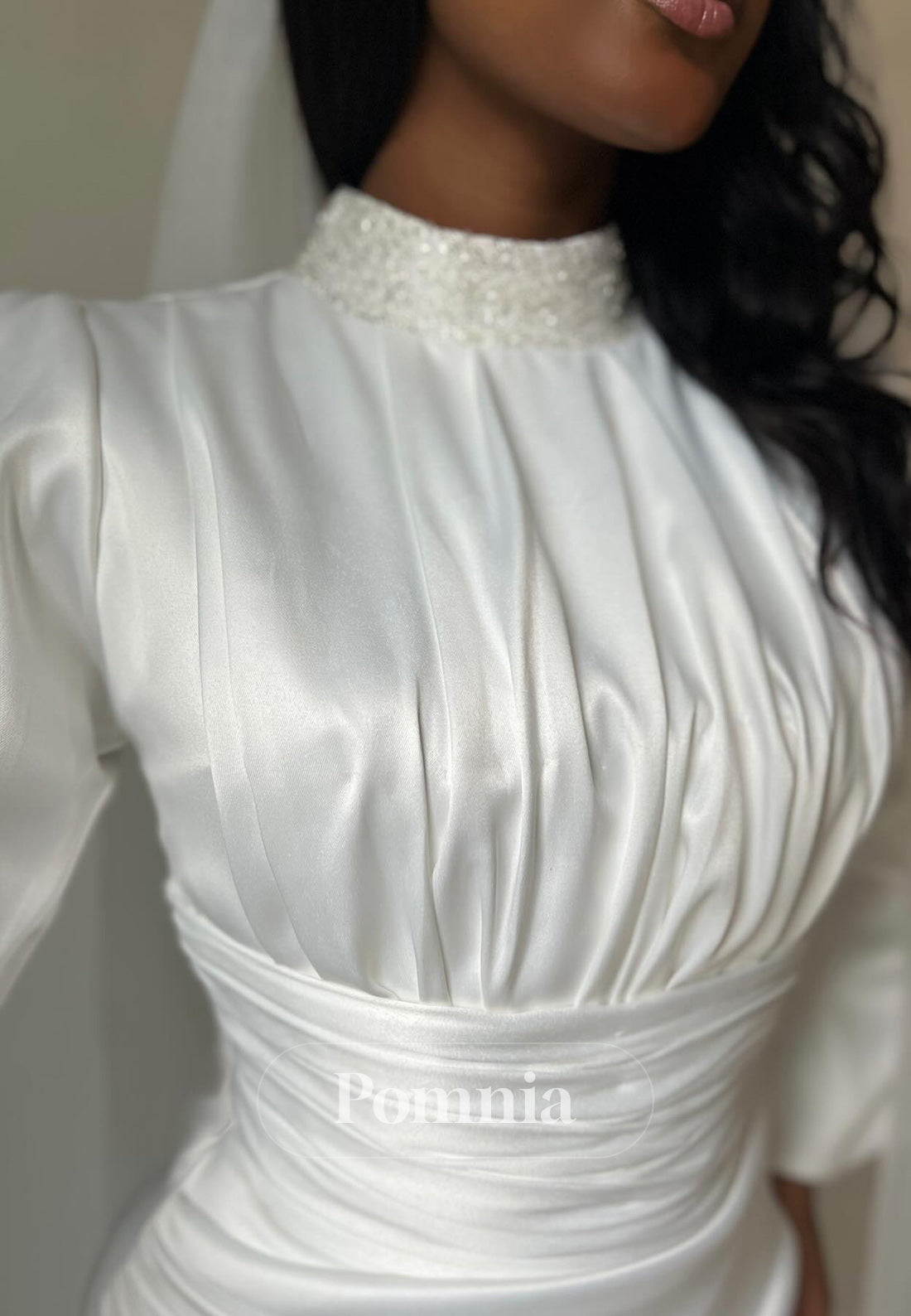 Elegant High Neck Long Sleeves Ruched Mermaid Wedding Dress