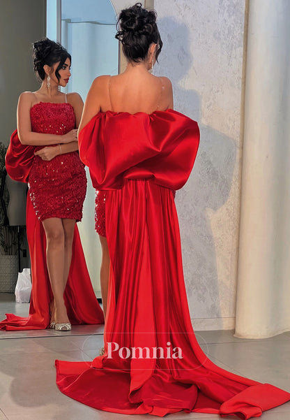 Red Sleeveless Strapless Sequins Bowknot Homecoming Dress