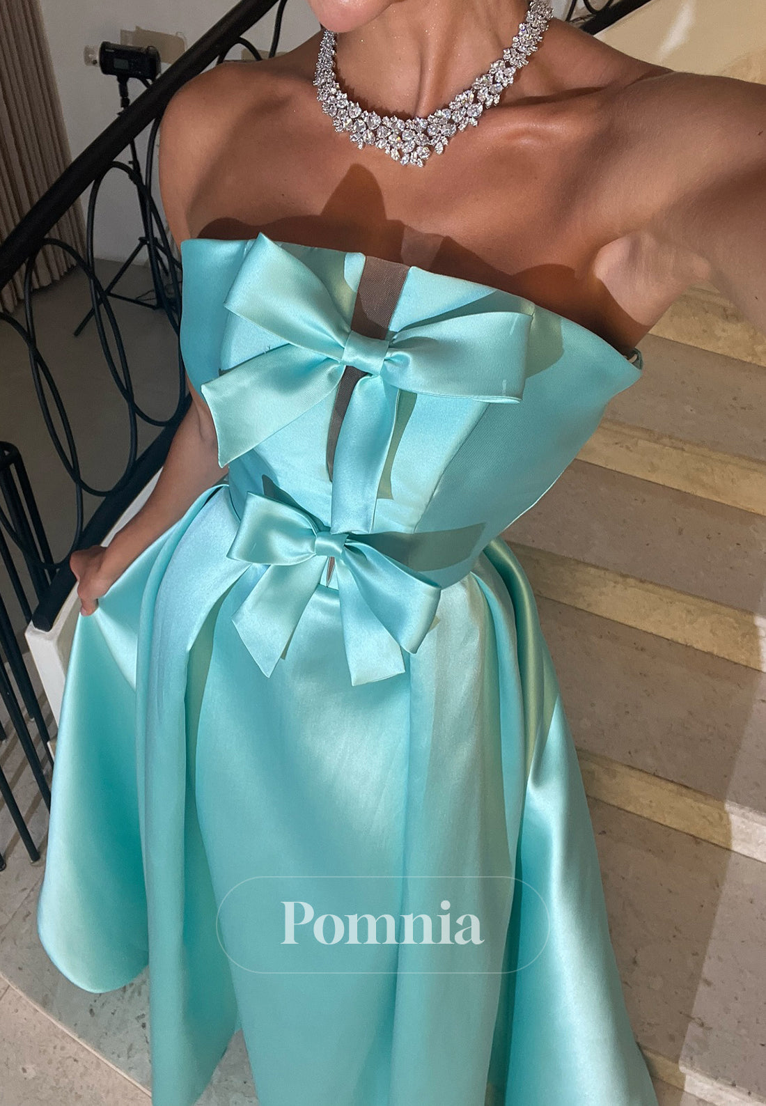 Pool A-Line Sleeveless Strapless Bowknot Prom Dress