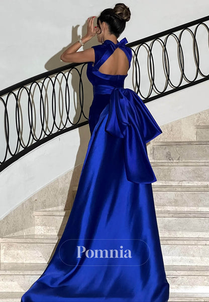Royal Blue Halter Sleeveless Empire-Waist Evening Dress