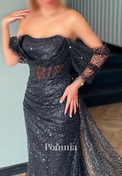 Black Long Sleeves Off-Shoulder Ruched Corset Prom Dress