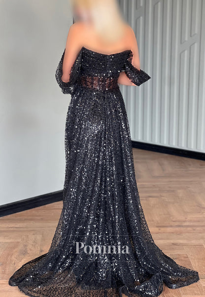 Black Long Sleeves Off-Shoulder Ruched Corset Prom Dress