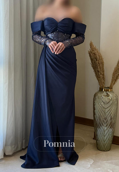 Charming A-Line Long Sleeves Sweetheart Sequins Ruched Prom Dress