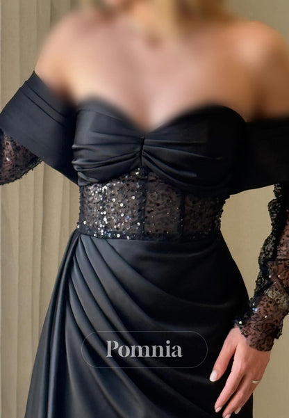 Charming A-Line Long Sleeves Sweetheart Sequins Ruched Prom Dress