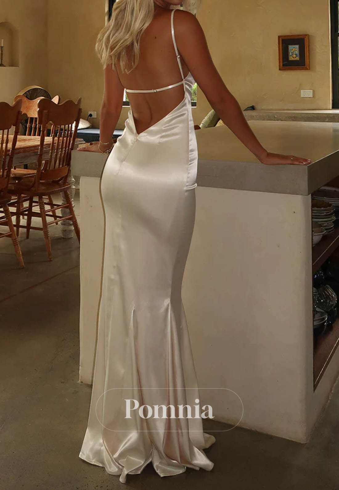 Simple Spaghetti Straps Sqaure Ruched Backless Prom Dress