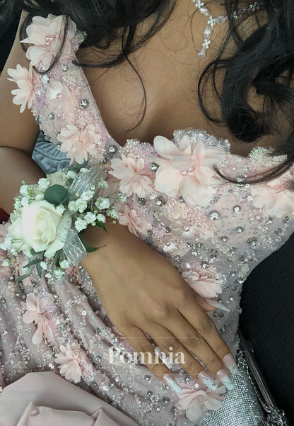 Blushing Pink Sleeveless Sweetheart Slit Appliques Prom Dress