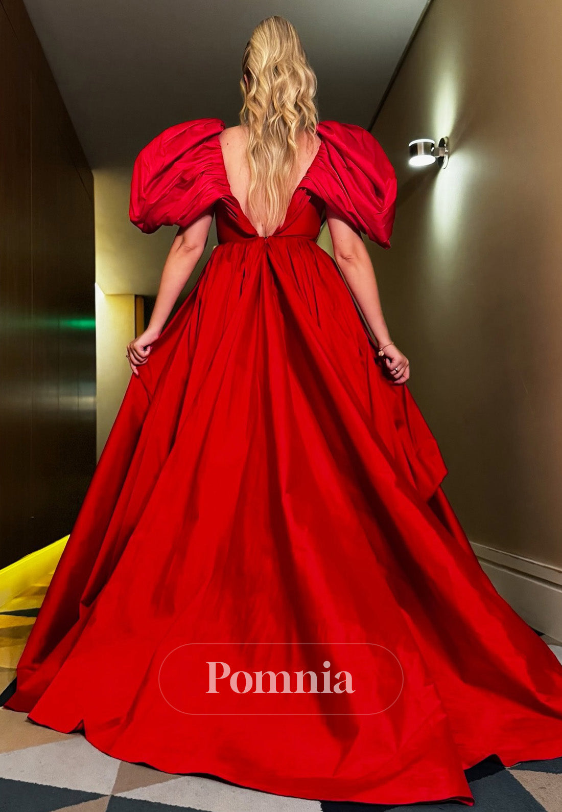 Red Cap Sleeves V-neck Slit Rufles Slit Satin Evening Dress