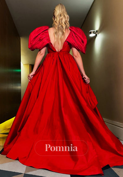 Red Cap Sleeves V-neck Slit Rufles Slit Satin Evening Dress