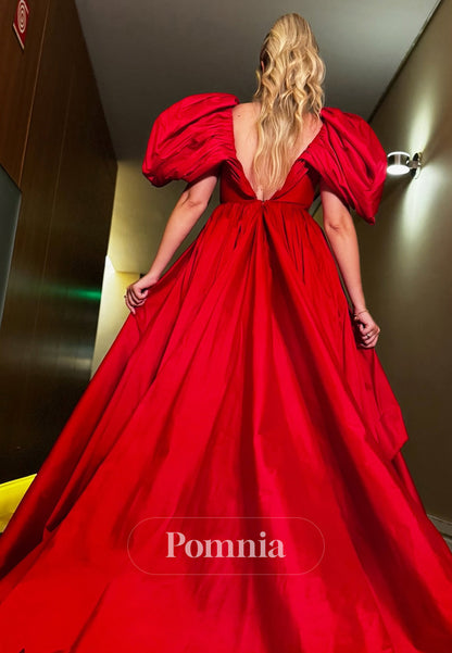 Red Cap Sleeves V-neck Slit Rufles Slit Satin Evening Dress