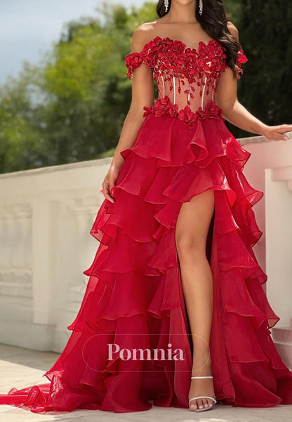 Red Sleeveless Sweetheart Corset Tulle Ruffles Prom Dress