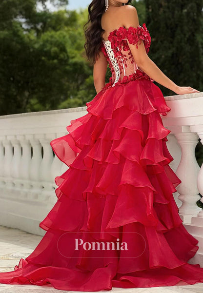Red Sleeveless Sweetheart Corset Tulle Ruffles Prom Dress
