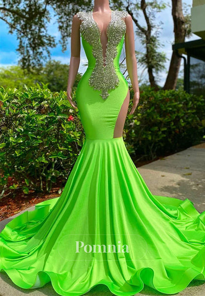 Mermaid V-neck Sequined Open Back Sleeveless Beading Prom Dress