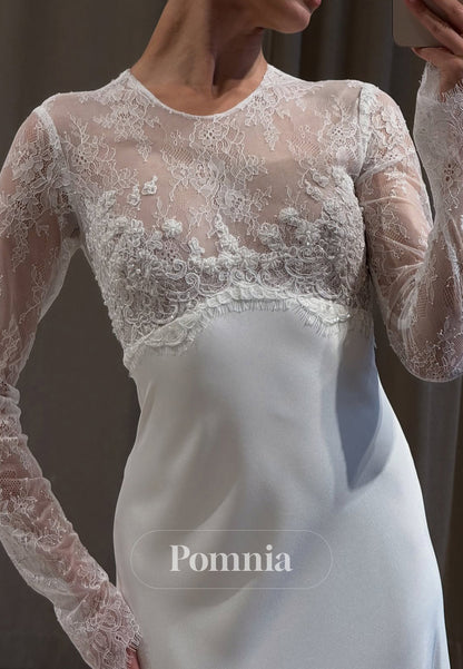 Long Sleeves Scoop A-Line Satin Wedding Dress